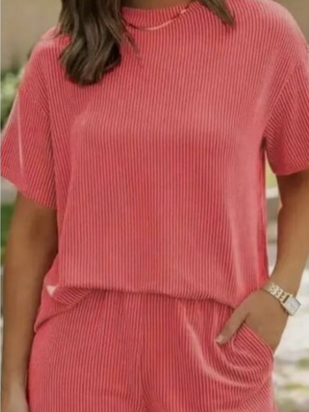 Ribbed Short Sleeve Loungewear Top and bottom in Coral